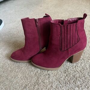 Serra Wine Red Suede-Like Ankle Booties with Stacked Heel